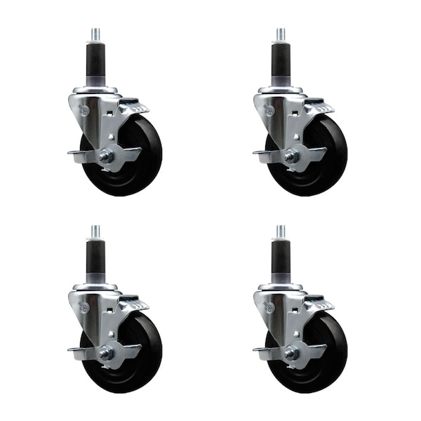 4'' SS Soft Rubber Swivel 1-1/8'' Expanding Stem Caster Set with Brake, 4PK